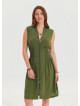 Khaki Summer Dress with Stand Collar and Zipper Detail 4440